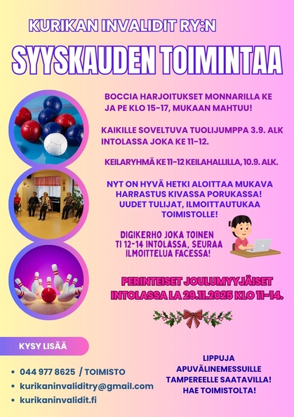 Kurikan Invalidit ry:n syyskauden toiminnan esittelyä. Kurikan Invalidit ry:n syyskauden toiminnan esittelyä.