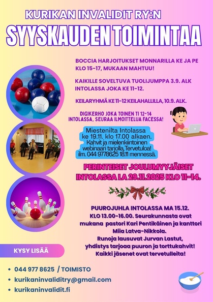 Kurikan Invalidit ry:n syyskauden toiminnan esittelyä. Kurikan Invalidit ry:n syyskauden toiminnan esittelyä.