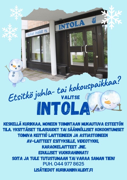 Intola, esteetön juhla- ja kokouspaikka keskellä Kurikkaa. Intola, esteetön juhla- ja kokouspaikka keskellä Kurikkaa.