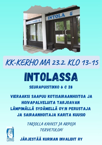 Helmikuun kk-kerho Intolassa 23.2.2026 klo 13-15. Helmikuun kk-kerho Intolassa 23.2.2026 klo 13-15.