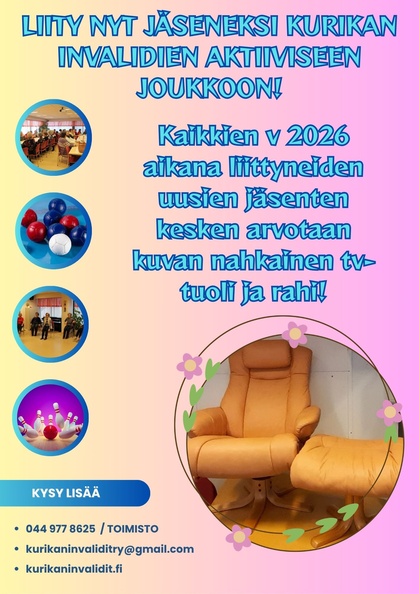 2026 liittyneiden uusien jäsenten kesken arvotaan nahkainen tv-tuoli ja jalkarahi! 2026 liittyneiden uusien jäsenten kesken arvotaan nahkainen tv-tuoli ja jalkarahi!